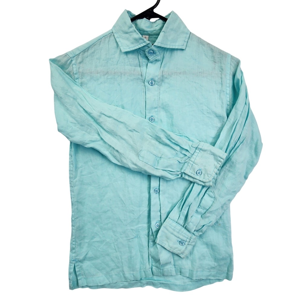 Island Importer Aqua Blue Linen Button Down Shirt Coastal Beach Resort Summer 10